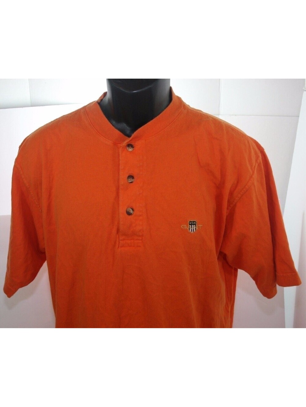 Vintage Gant USA Short Sleeve Orange 3 Button Henley Shirt Mens Size Small VGUC